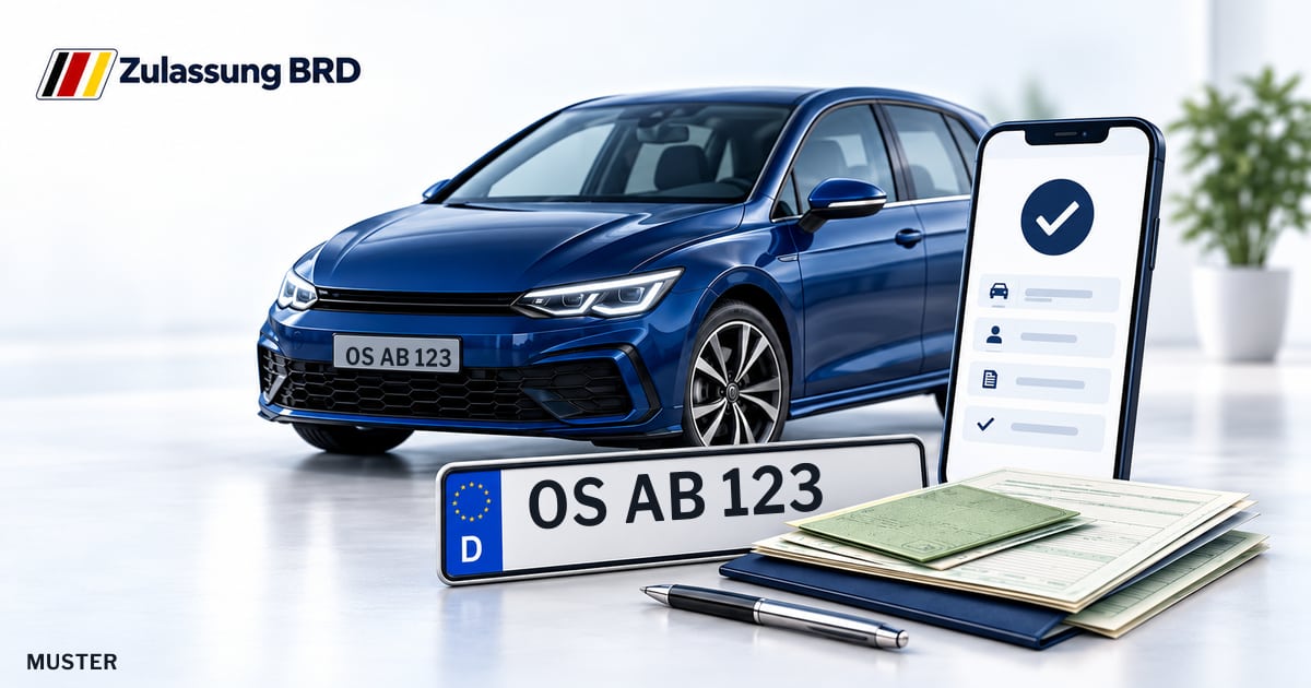 Online Fahrzeugzulassung in Hasbergen: Musterkennzeichen OS AB 123, Auto und Fahrzeugpapiere und Smartphone. Illustration mit Logo von Zulassung BRD.